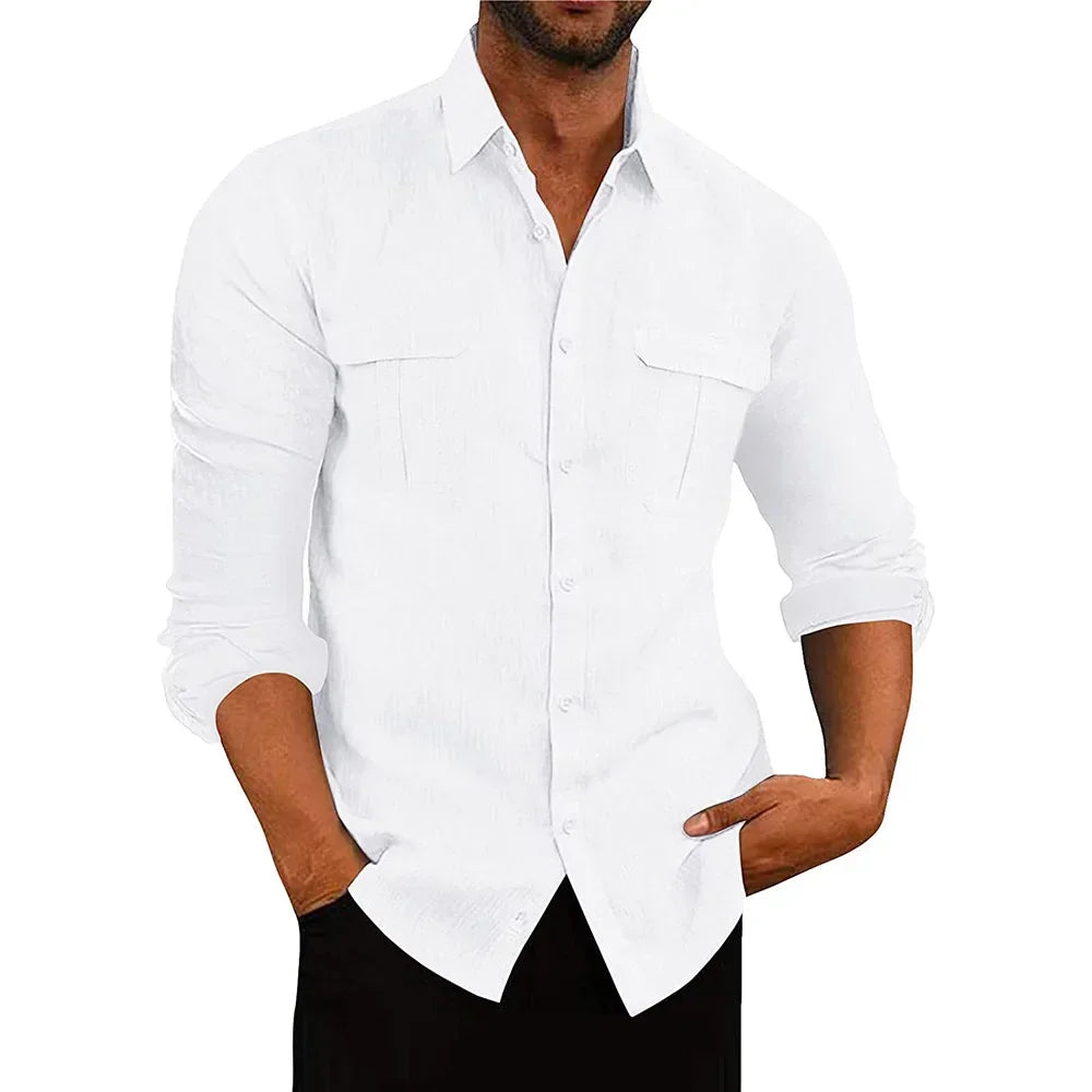 Men's New Cotton Linen Material Shirt Double Pocket Casual Breathable Long-sleeved Shirt Lapel Solid Colour Men's Tops