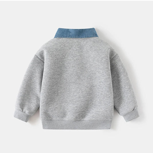 Spring New Children Clothes Korean Style Boys Fake Two Piece Sweatshirt Detachable Collar Cartoon Printed Long Sleeve Top