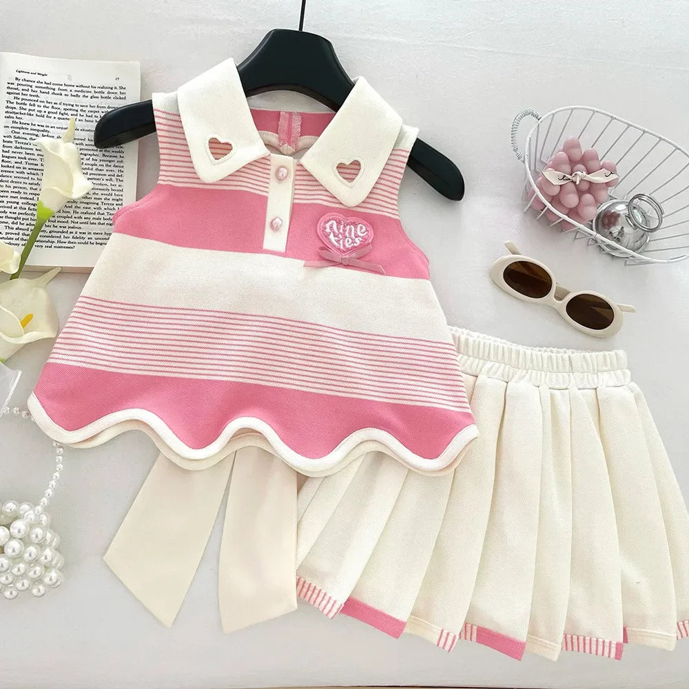 Pink 2-9 Years Girl Clothes Fashion Fold-over Collar Striped Love Print T-shirt + Pleated Skirt 2 Pcs Set Back Bow Decoration