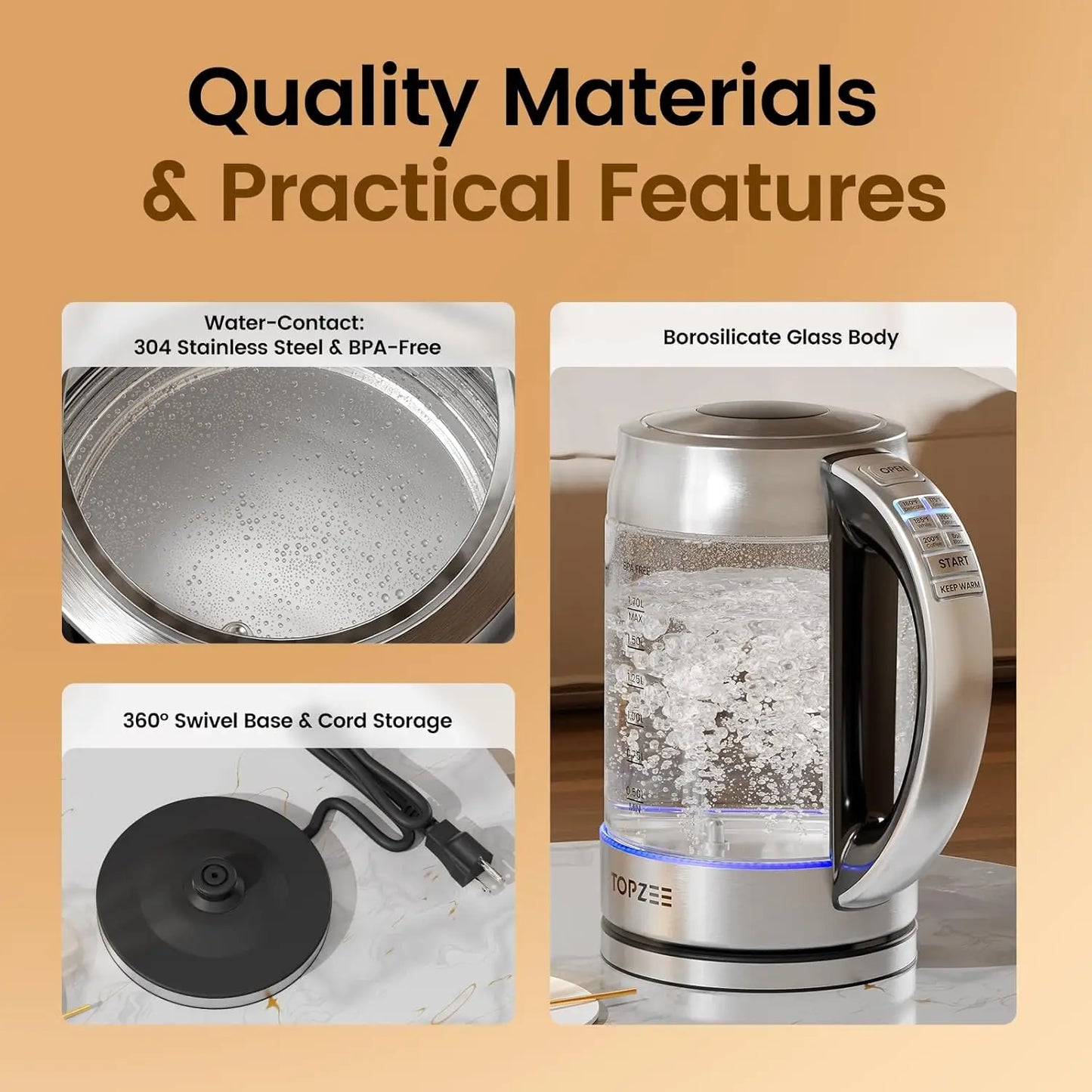 1.7L Glass Electric Kettle with 6 Preset Temperatures, Keep Warm, Auto Shut-off, BPA-Free, Rapid Boil 1500W for Coffee & Tea
