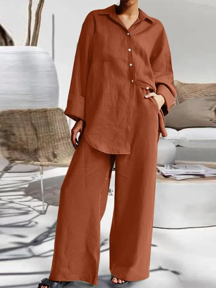 2024 Autumn New Women's Cotton and Hemp Set Solid Color Collar Shirt High Waist Wide Leg Pants Elegant Two Piece Set