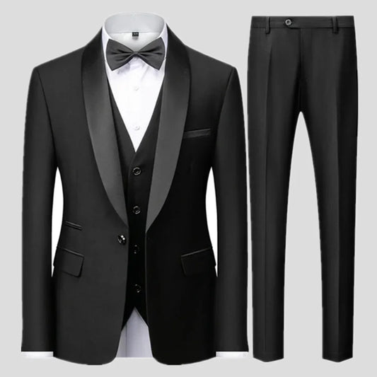 Black Men Autumn Wedding Party Three Pieces Set Large Size Male Blazer Coat Pants and Vest Fashion Slim Fit Suit