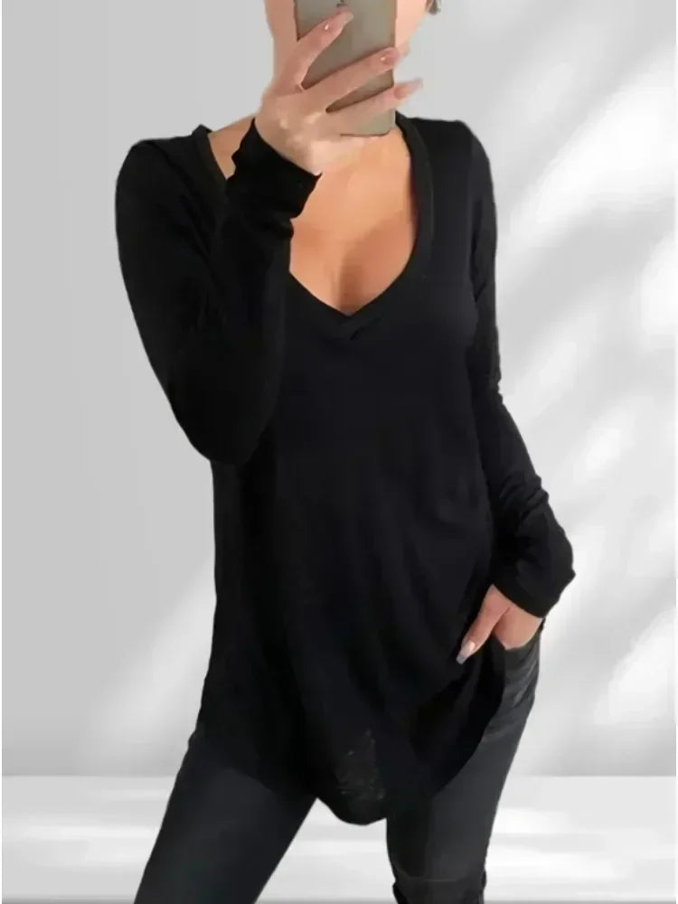 Women's Plus Size 1XL-5XL Fashion Simple Solid Color T-Shirt Ladies Casual V-Neck Long Sleeve Clothing T-shirt Tops