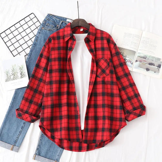 2025 New Women Long Sleeve Shirts Red and Black Flannel Plaid Shirt Tops Brand Casual Loose Female Check Blouses Clothes