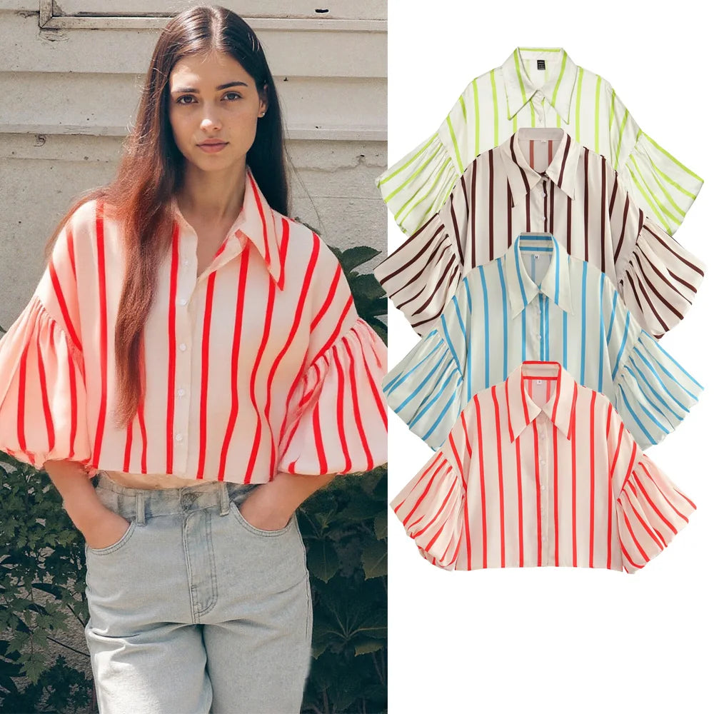 Women Striped Shirts Female Loose-Fit Bubble Sleeve Printed Shirts Lady Casual Youthful Energetic Short Sleeved Tops Clothing