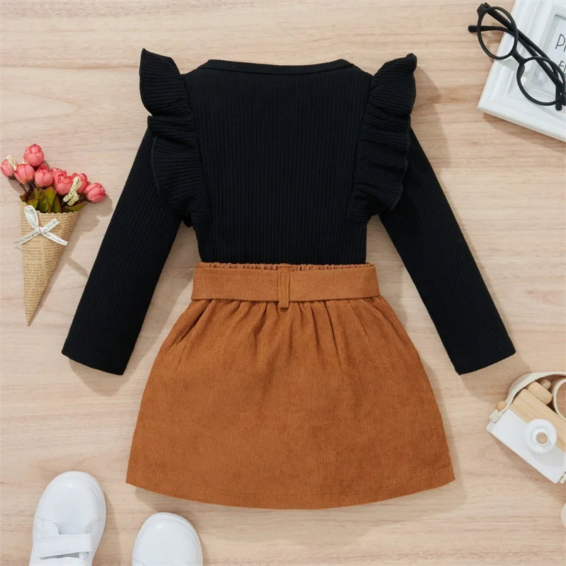 1-8Y Kids Girls Autumn Clothes Set Baby Solid Color Long Sleeve Ruffle Ribbed Knit Tops + Belted Mini Skirts Children Outfits