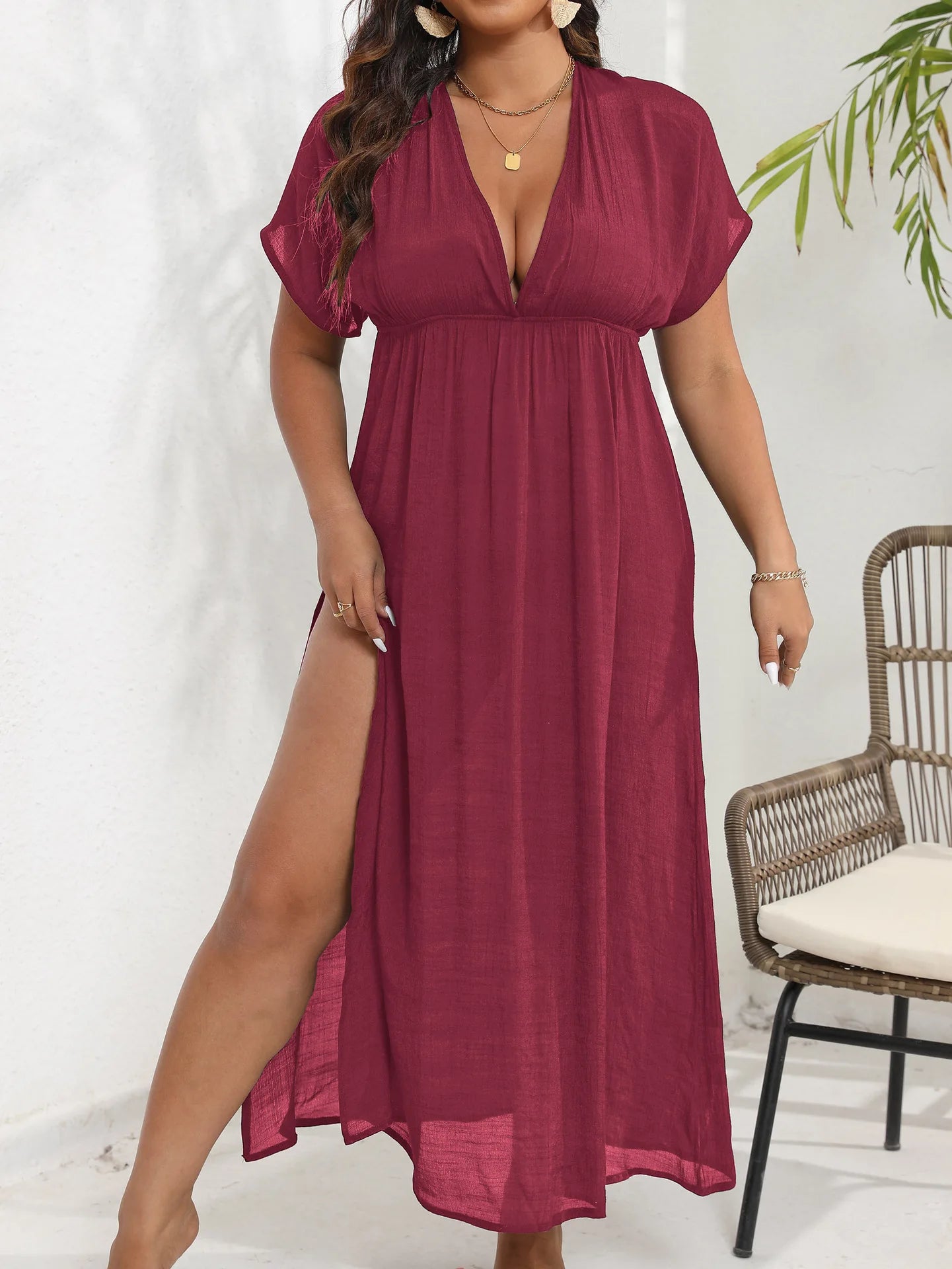 2025 Women Solid Plus Size Cove Up Short Sleeve Large Loose Big Tunic Lady Chubby Beach Dress Brazilian Mesh Swimsuit Cover-Up