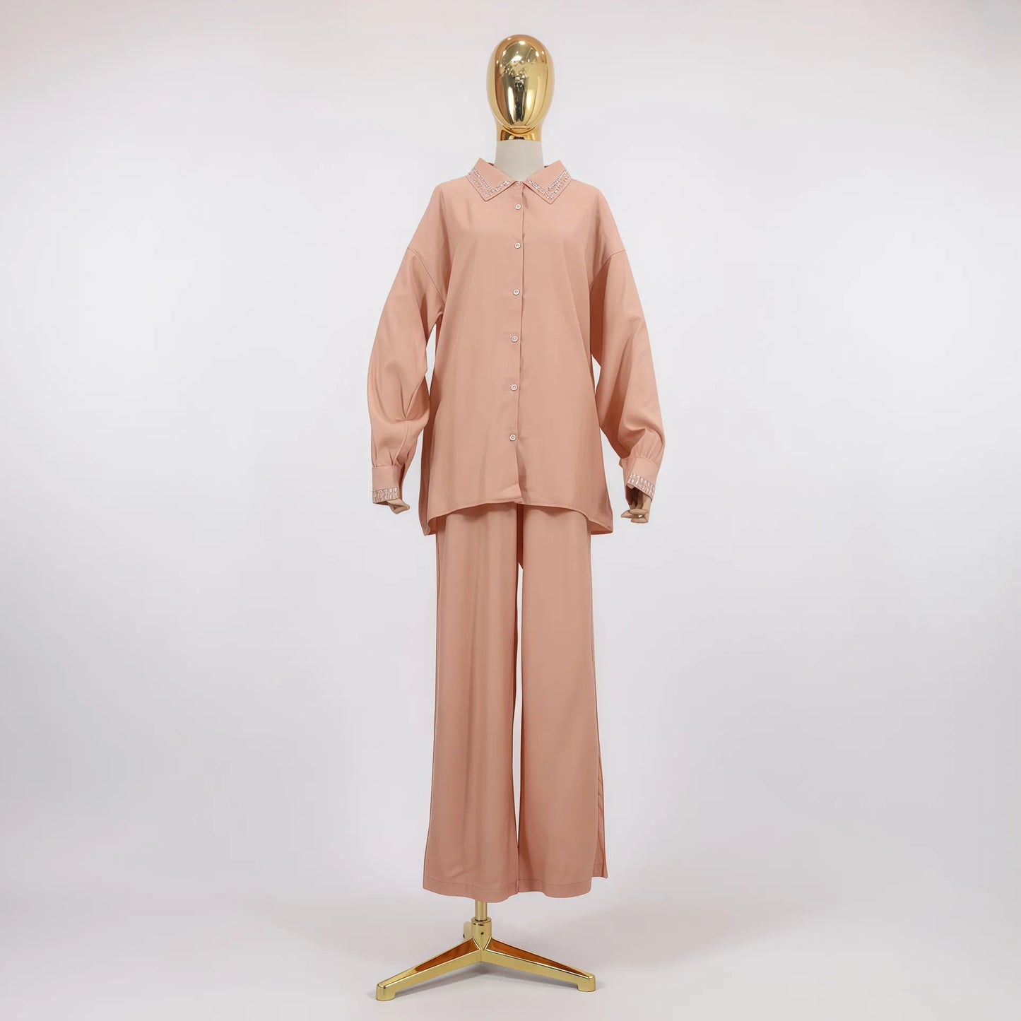 2PCS Women Solid Color Lapel Collar Shirt Pants Set Muslim Abaya Kaftan Islam Clothing Turkey Outfits Femme Musulmane Ensembles