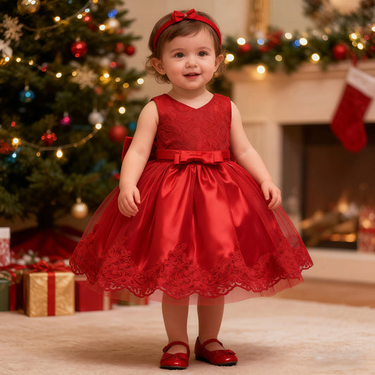 Baby Girls Embroidery Big Bow Xmas Princess Dresses For Toddler Kids Birthday Baptism New Year Gown Wedding Christmas Party Gift