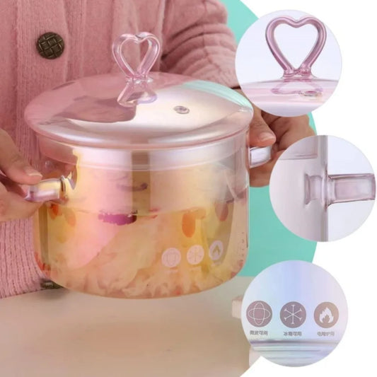 Aesthetic Pink Glass Saucepan Borosilicate Resistant Binaural Soup Stovetop Stew Pot Pasta Noodle Stockpot Cookware Kitchen Tool