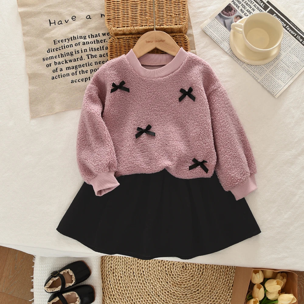 Bear Leader Autumn Winter Korean Version Beige Girls' Set Casual Kids Clothes Bow Fleece Long Sleeved Top + Black Short Skirt