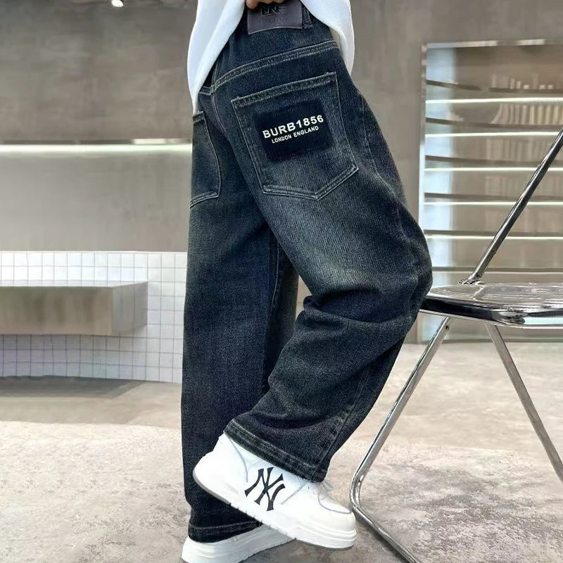 Spring Autumn Teenage Boys Denim Pants Kids Fashion Letter Jeans Pants Casual Loose Straight Trousers for 4-14 Years Old