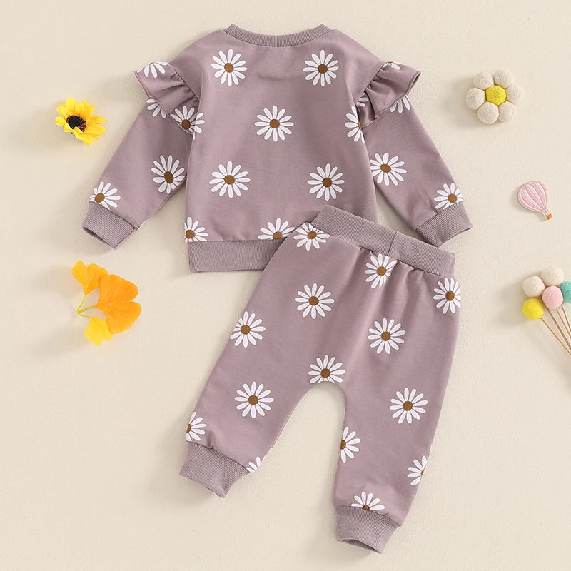 Pudcoco Toddler Newborn Baby Girl Fall Outfit Daisy Print Long Sleeve Sweatshirt with Elastic Waist Pants 2 Pcs Set 0-3T