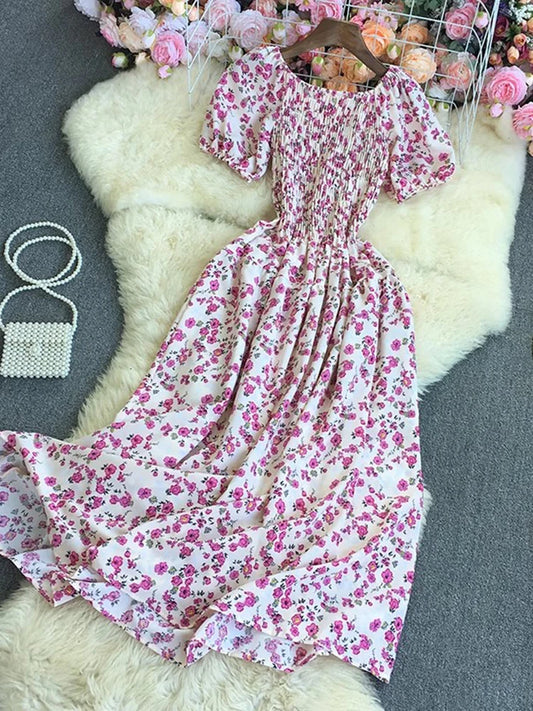 Beach Vacation Floral Print Dress Women Puff Sleeve Square Collar High Waist Dresses Korean Fashion Party Long Dress
