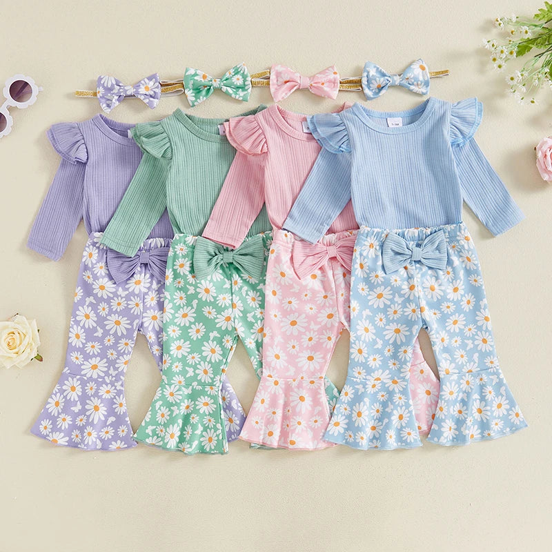2024-05-23 Lioraitiin Baby Girl 3 Piece Fall Outfit, Long Sleeve Ribbed Romper Daisy Flare Pants Bow Headband