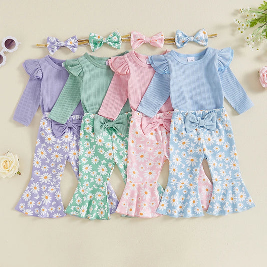 2024-05-23 Lioraitiin Baby Girl 3 Piece Fall Outfit, Long Sleeve Ribbed Romper Daisy Flare Pants Bow Headband