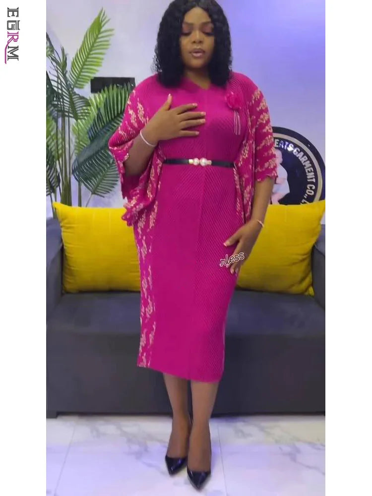 EGRM High-end Pleated Dresses For Women Traditional Clothing Batwing Sleeve V-neck Print Gown Maxi Long Dress 2025 New 7R6192