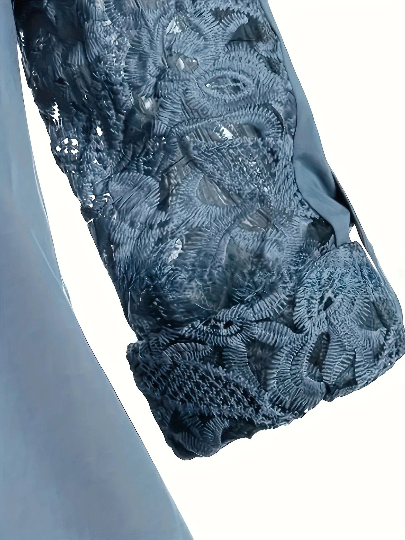 Plus Size1Xl-5XL New Women Fashion Elegant Polyester Shirt Light Blue Lace Sleeve Patchwork  Button-Up Turn- Collar Shirt Top