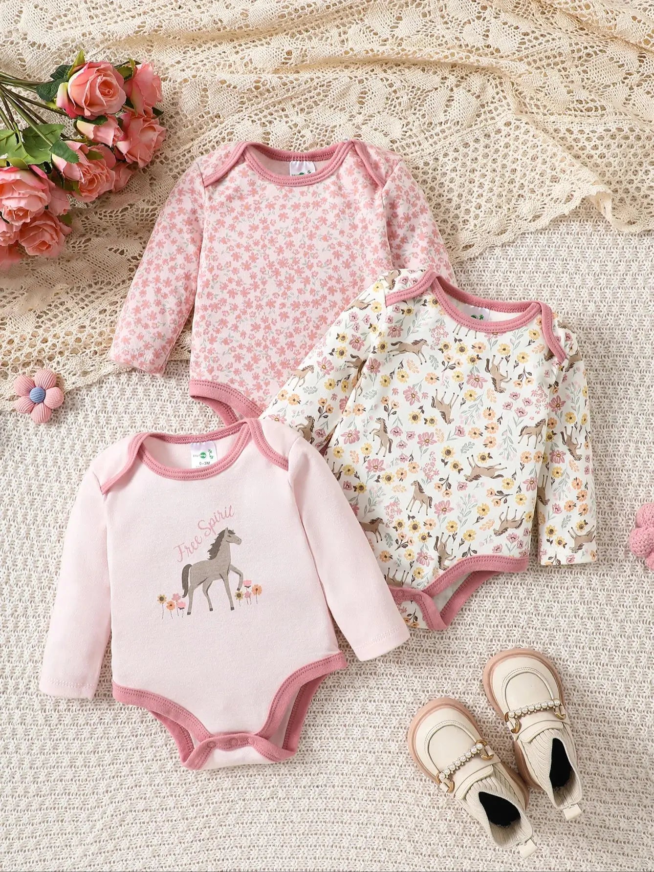 3PCS Baby girl onesie New style baby girl clothes Spring/Autumn long-sleeved onesie Cotton fabric Suitable for 0-9months
