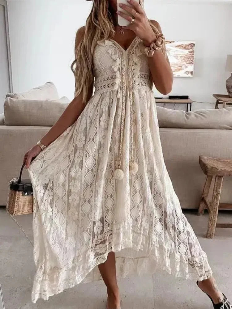 2024 Summer Lace Sleeveless Women Dress V Neck Hollow Out Elegant Loose Dresses Fashion Sexy Beach Vacation Long Dress