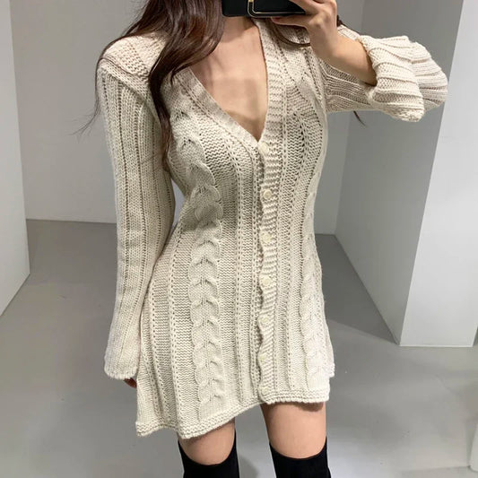 Sweater Dress for Women Long Sleeve Cable Knit Button Down Knitted Mini Dress for Women Teen-girl Fall Winter Chic Outfit