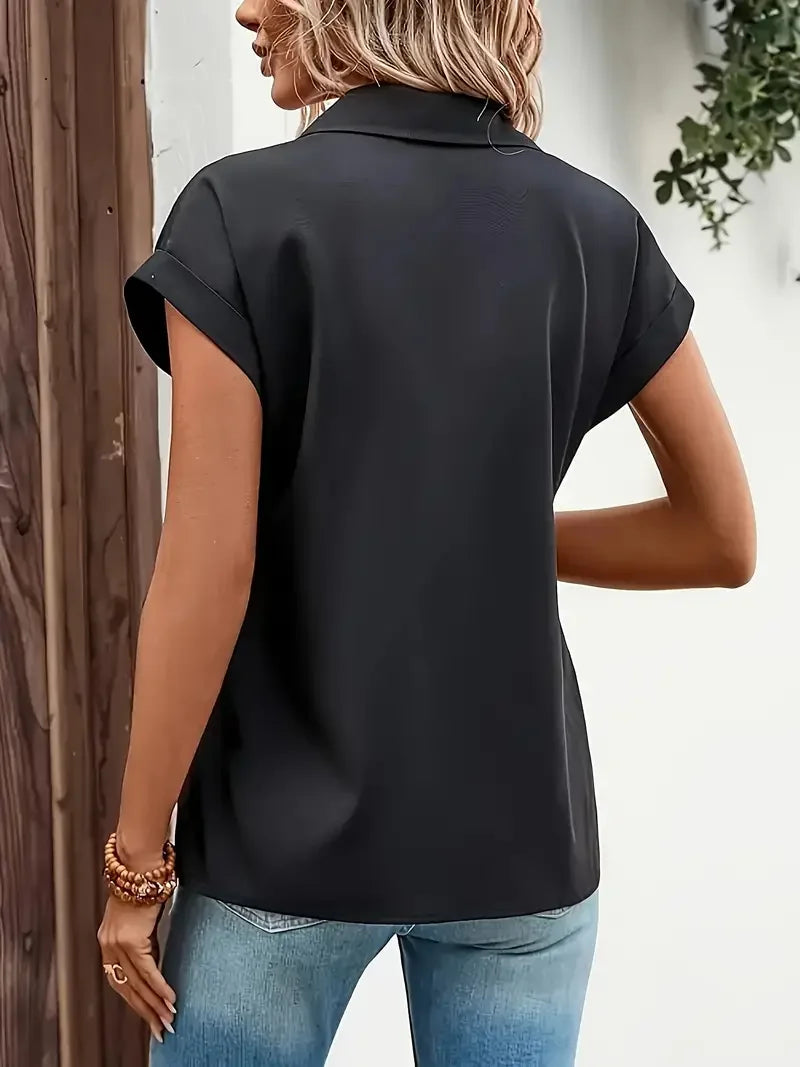 Plus Size 1XL-5XL Women's Black Zip-Up Blouse Button Lapel  Blouse Shirt Ladies Casual Short Sleeve Elegant Solid Color Shirt