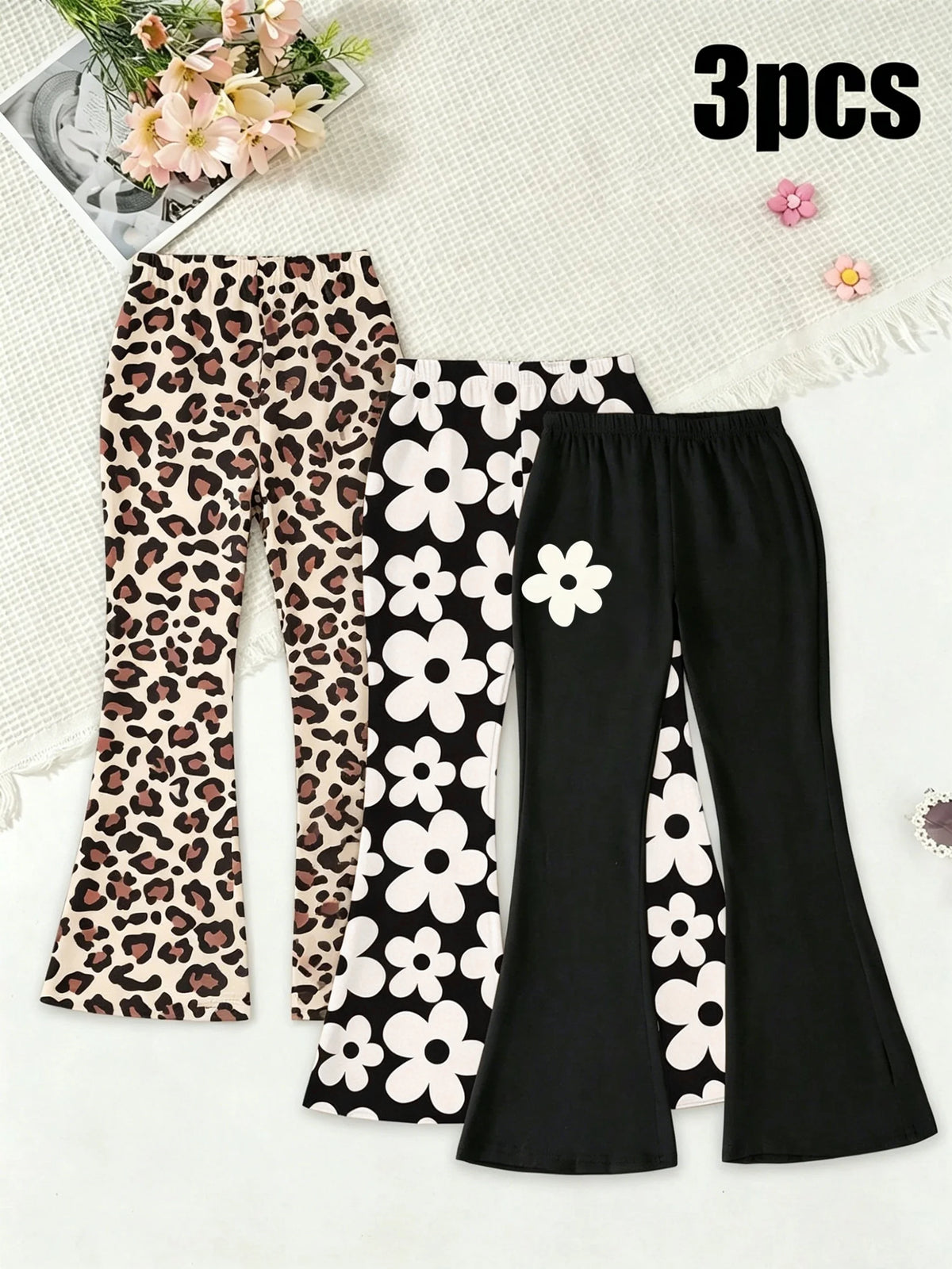 3-Piece Set: Girls' Cute Leopard & Floral Print Flare Pants – Comfortable, Stylish Everyday Wear for Summer and Back-to-School (