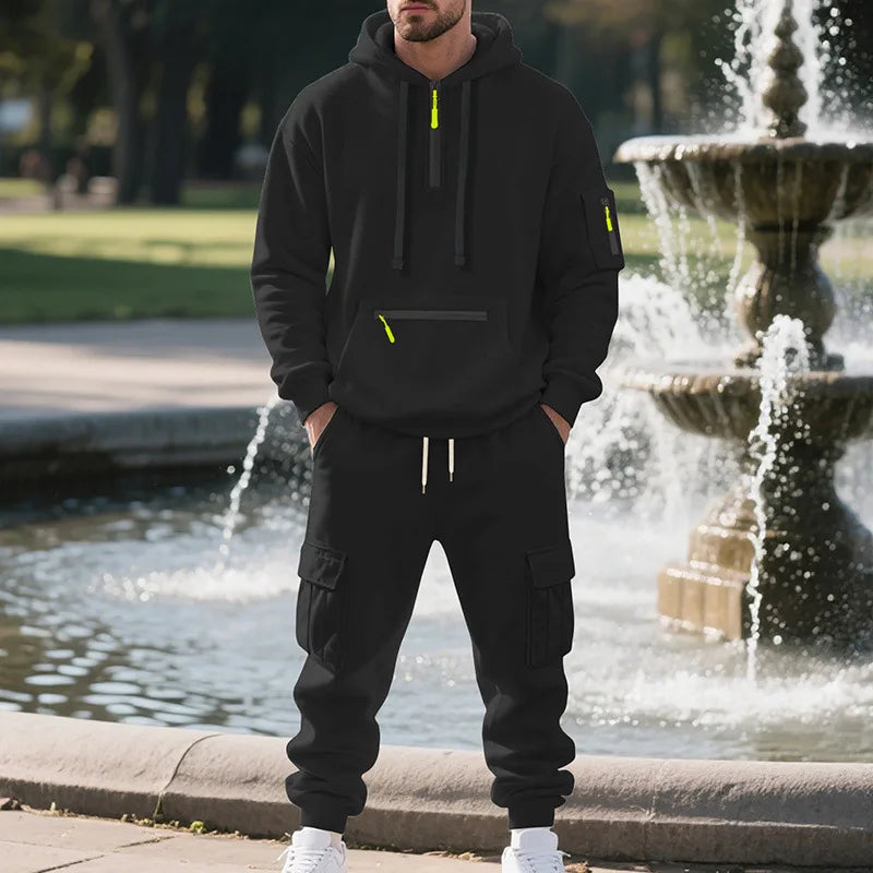 Men's sports suit style autumn and winter fleece men's casual sportswear zipper sweater multi-pocket work pants suit