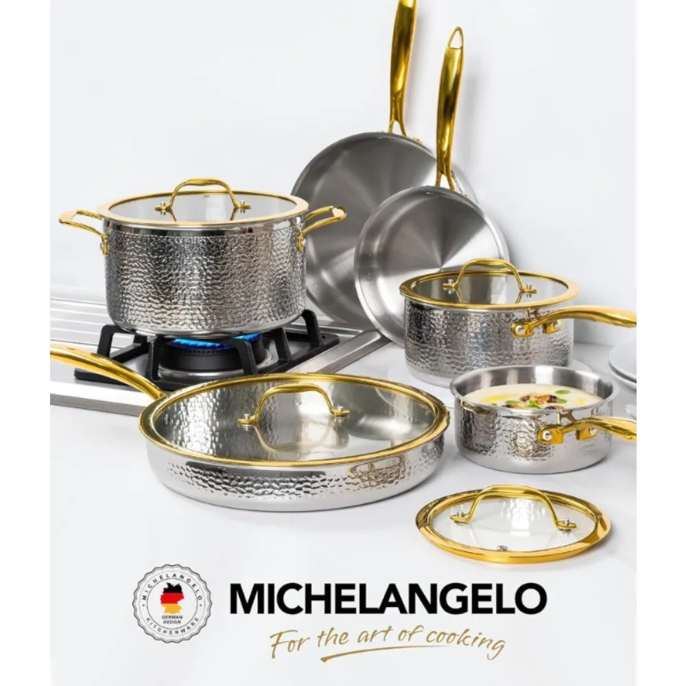 MICHELANGELO Hammered Stainless Steel 10 Piece Cookware Set With Gold Handle Induction Compatible Oven Safe Kitchen Pot