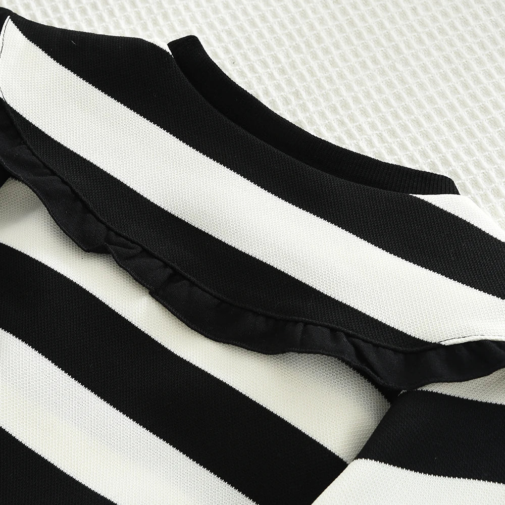 Bear Leader Children's Set Autumn Girl's Clothing Black and White Striped Long Sleeved Top+black Pleated Skirt 2-piece Sets