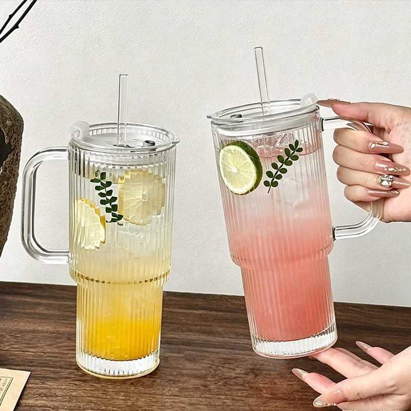600ML Stripe Glass Coffee Cup With Handle And Lid Cover Straw Transparent Drinking Glasses For Juice Iced Coffee Mugs Drinkware