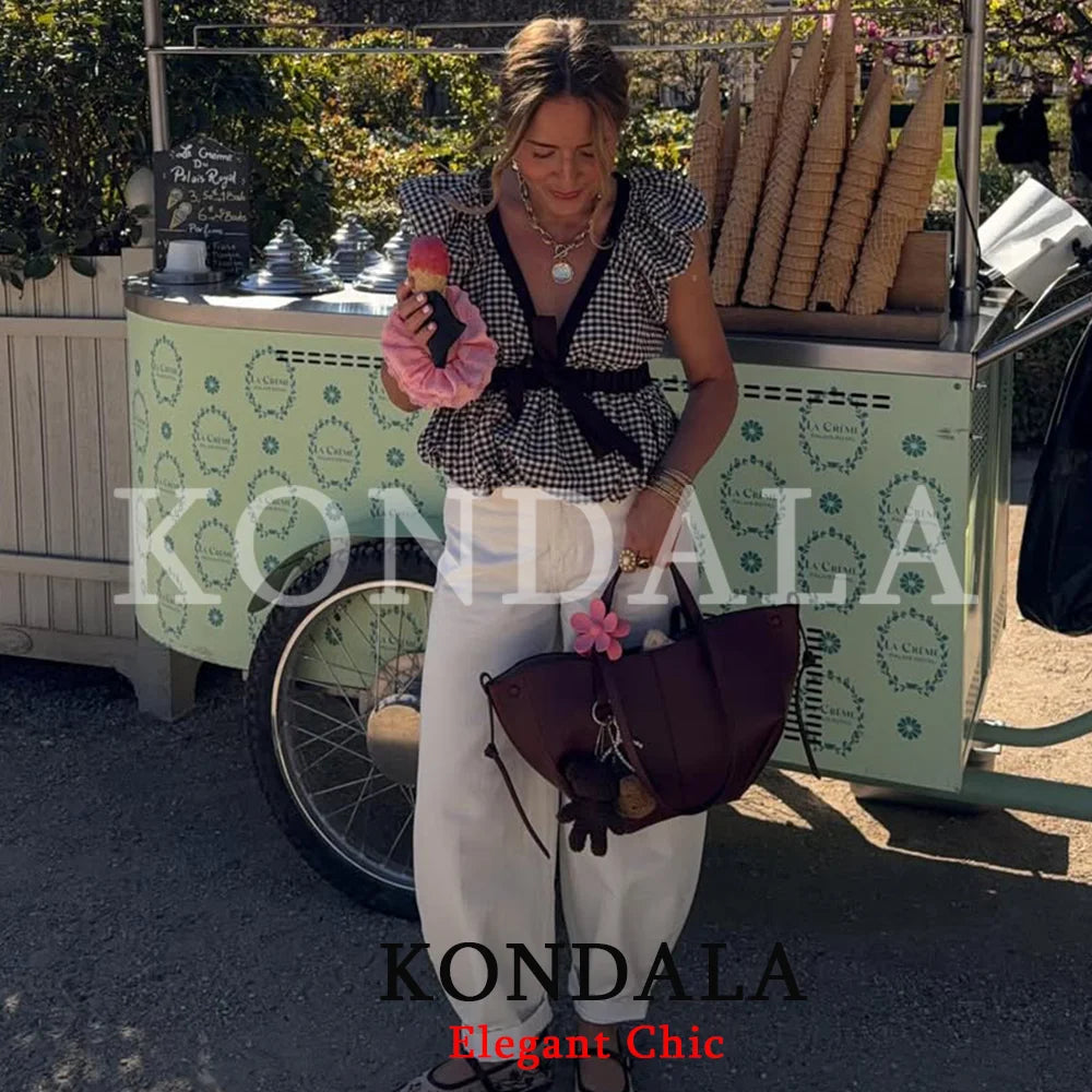 KONDALA Women Trendy Vacation Balloon Plaid Tops Bow Tie Top New 2026 Spring Summer Fashion Vintage Party Date Casual Lady Top