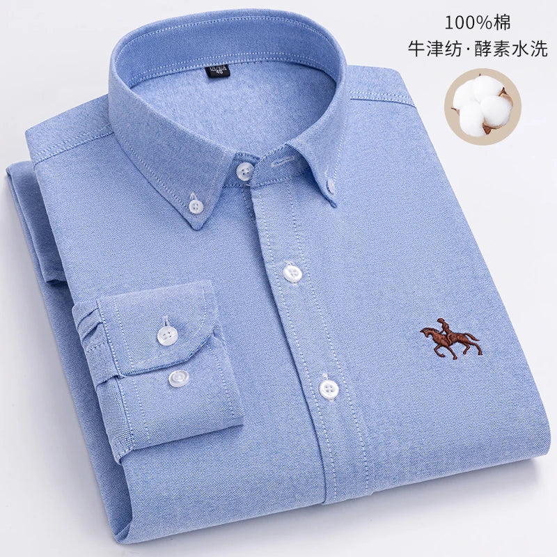 S~6XL Cotton Oxford Shirt For Mens Long Sleeve Plaid Striped Casual Shirts Male Pocket Regular-Fit Button-Down Work Man Shirt