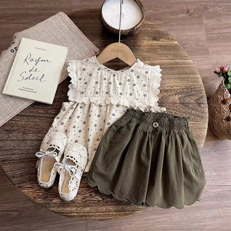 3-7Y Kids Girls Outfits Summer Floral Print Sleeveless Top and Ruffled Shorts Sets Lace Trim Soft Children Vocation Clothing