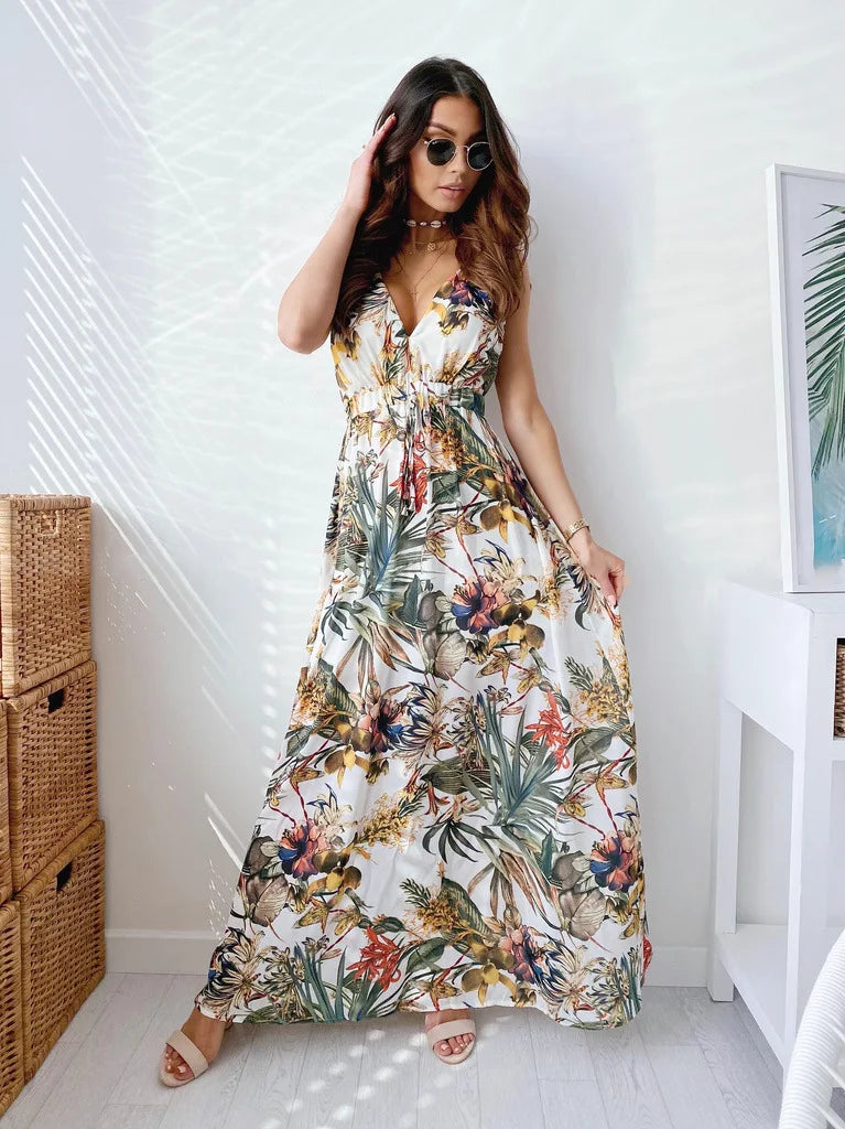 Women Tie-Up Backless Party Beach Dress Sexy V Neck Boho Long Dresses Summer Elegant Print Sleeveless Lady Maxi Dress Vestidos