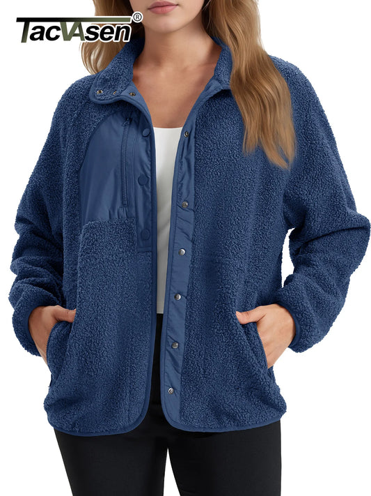 TACVASEN Fuzzy Button Down Sherpa Fleece Jacket Women's Winter Warm Coat Casual Outwear Jacket with Pockets Streetwear Outwear