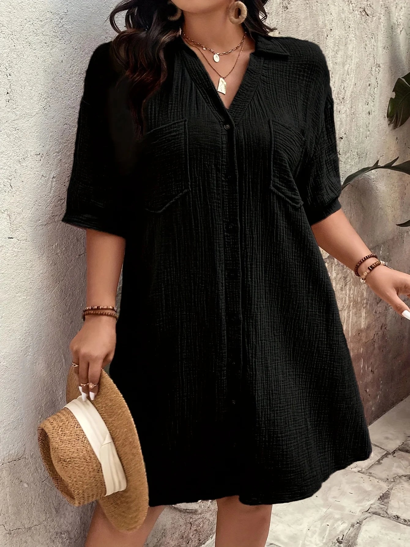 plus Size Casual Loose Women's Shirt Dress with Button-Up Collar Short Sleeve Commute Straight Cut Outdoor Dress
