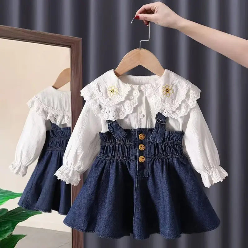 2025 Kids Girls Clothes Set Summer Short Sleeve Shirt + Denim short dress Triple Breasted Outfits Baby Clothing 4 5 6 7 8 9 10 1