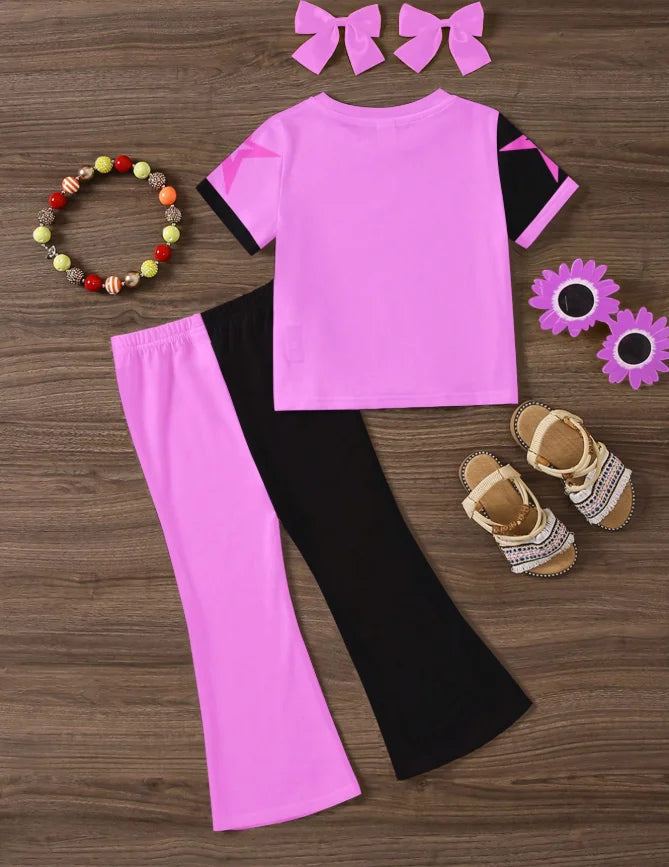 Girl Nova Beat Cartoon Idol Print 2-piece Set Pink Black Color Blocked T-shirt Bell Bottom Pants Children's Casual Sportswear