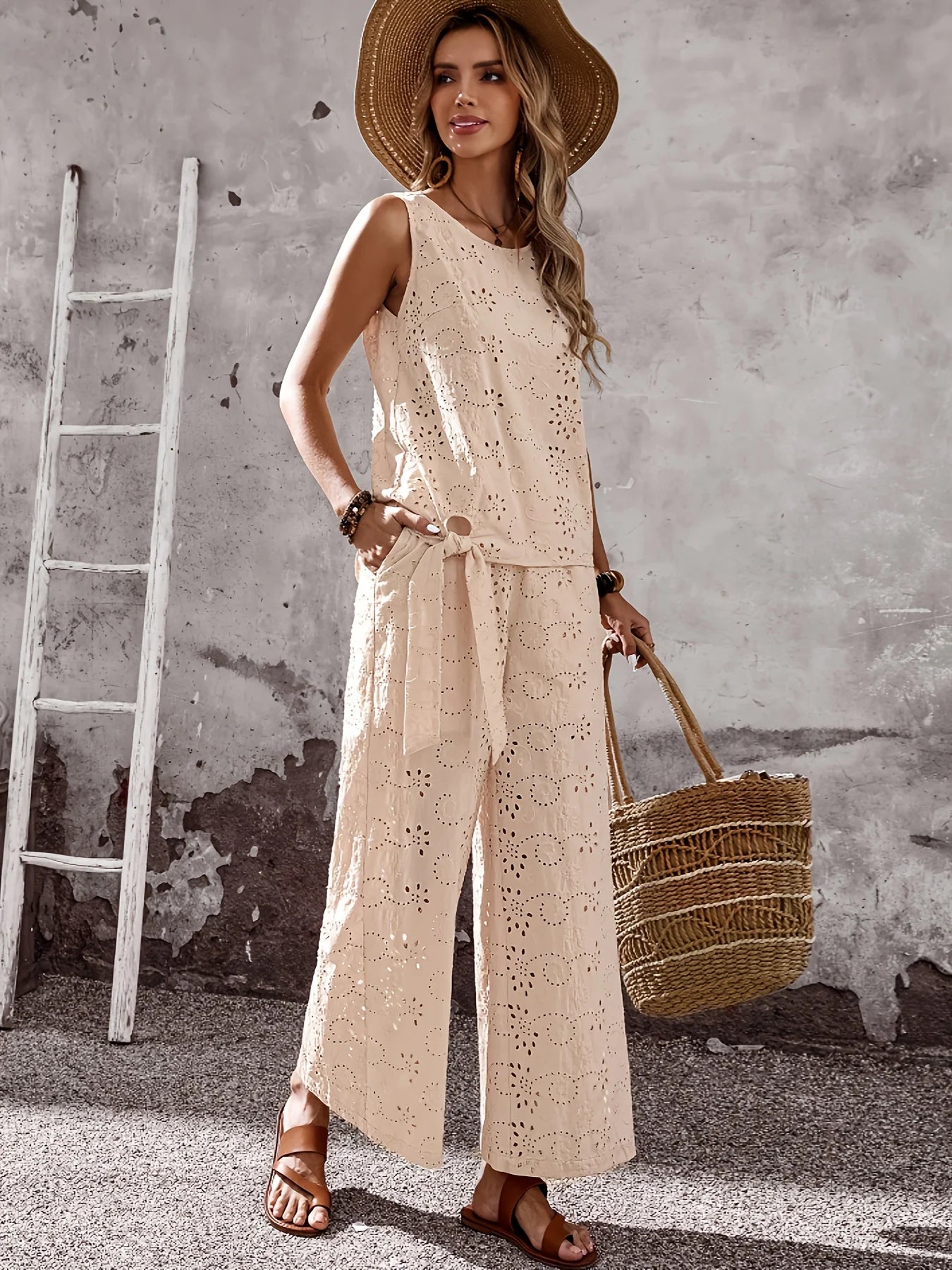 Women's Eyelet Embroidery Two Piece Outfit Sleeveless Round Neck Tie Waist Top Wide Leg Pants Set Casual Boho Beachwear