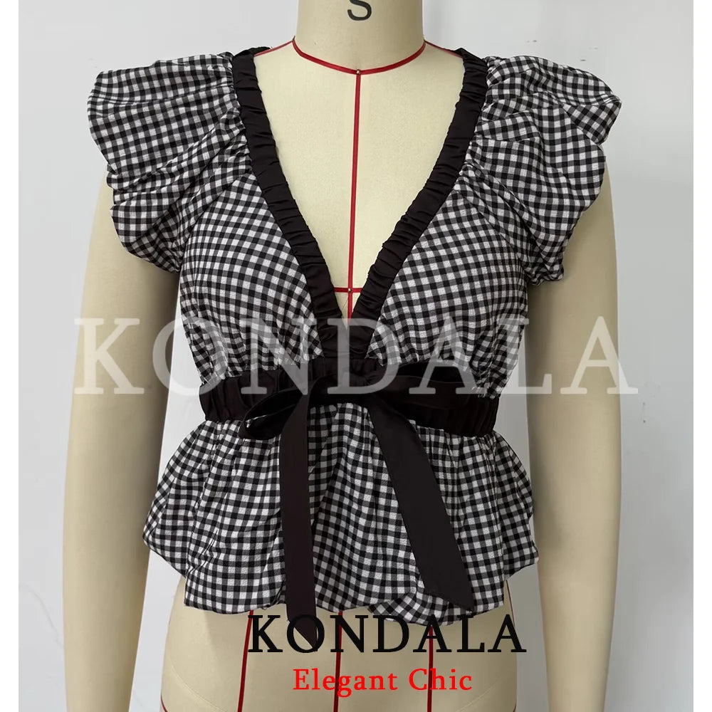 KONDALA Women Trendy Vacation Balloon Plaid Tops Bow Tie Top New 2026 Spring Summer Fashion Vintage Party Date Casual Lady Top
