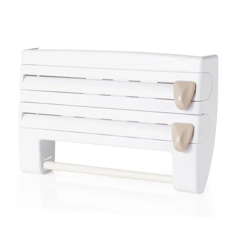 Kitchen Paper Towel Holder Wall-Mount Adhesive Tissue Hanger Sauce Bottle Rack 4In1 Cling Film Cutting Holder Organizer