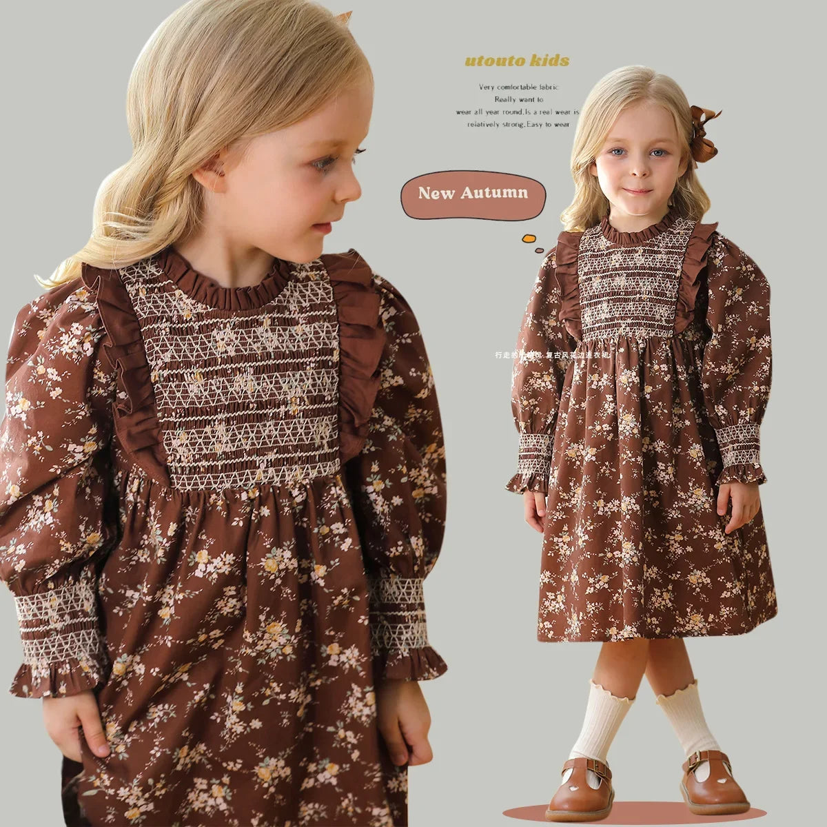 Retro Girls Dress 2025 Autumn New Toddler Kids Girls Cute Print Long-sleeved Sweet Princess Dress