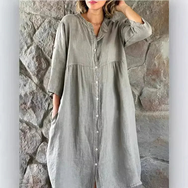 Casual Cotton Linen Long One-piece Pure Color Button-down Women's Dress Cross-border New Style Ankle-length Regular Sleeve