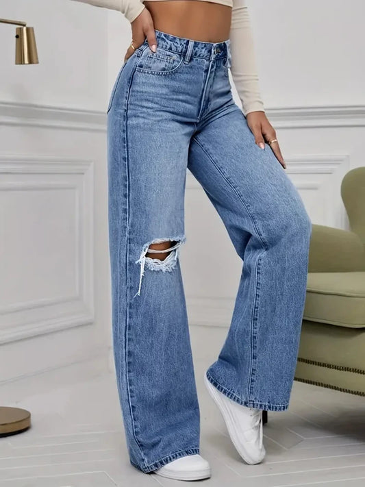 Women's Jeans Denim Pants Wide Leg Vintage Distressed Ripped Trousers 2025 Streetwear Washed Pockets Floor Length Hole Jeans