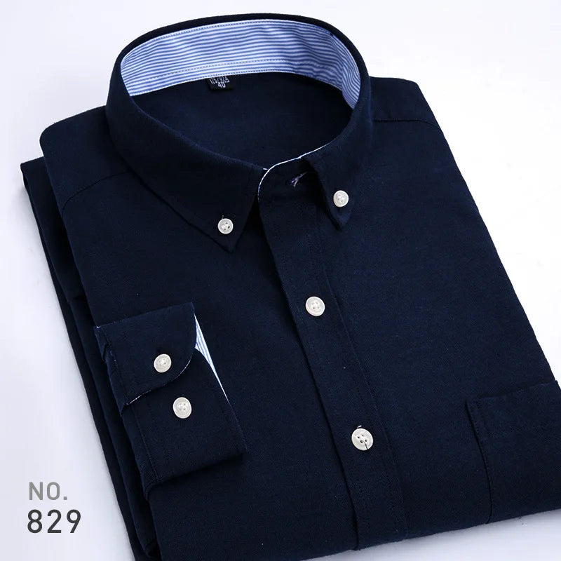 Mens Striped Plaid Oxford Spinning Casual Long Sleeve Shirt Comfortable Breathable Collar Button Design Slim Male Business Dress