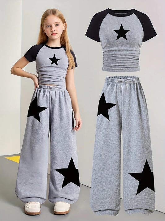 Trendy Items for Girls, Girls' Clothing, 2-Piece Girls' Set, Back-To-School Outfit, Star Pattern, Gray Wide-Leg Sweatpants, American Football, Volleyball, Thanksgiving, Halloween Outfits, Christmas Sweatpants, Suitable for Sp