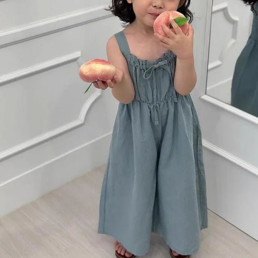 2025 Summer New Girls Jumpsuit Loose Children Wide Leg Pants Cotton Baby Girls Sling Pants Fashion Kids Clothes