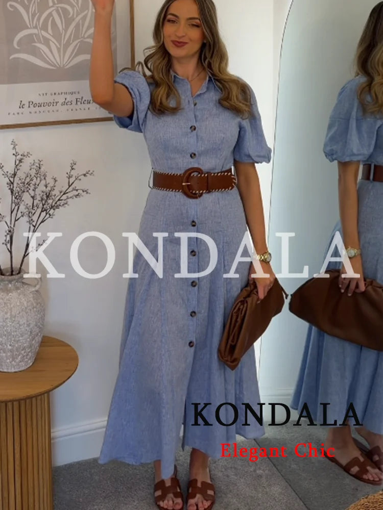 KONDALA Women Elegant Blue Trendy Long Dress Single Breasted Belt Dress New Fashion 2026 Spring Summer Holiday Beach Lady Dress