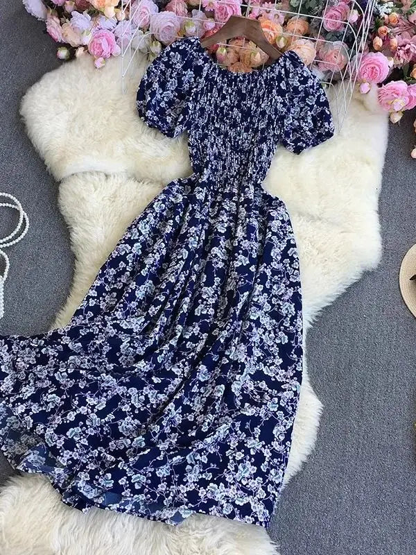 Beach Vacation Floral Print Dress Women Puff Sleeve Square Collar High Waist Dresses Korean Fashion Party Long Dress